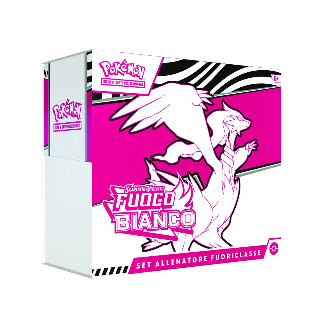 Box Set Allenatore Fuoriclasse Pokémon Fuoco Bianco vista laterale, confezione bianca e rosa con Reshiram in copertina.