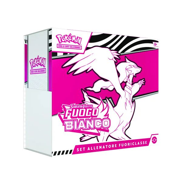 Box Set Allenatore Fuoriclasse Pokémon Fuoco Bianco vista laterale, confezione bianca e rosa con Reshiram in copertina.