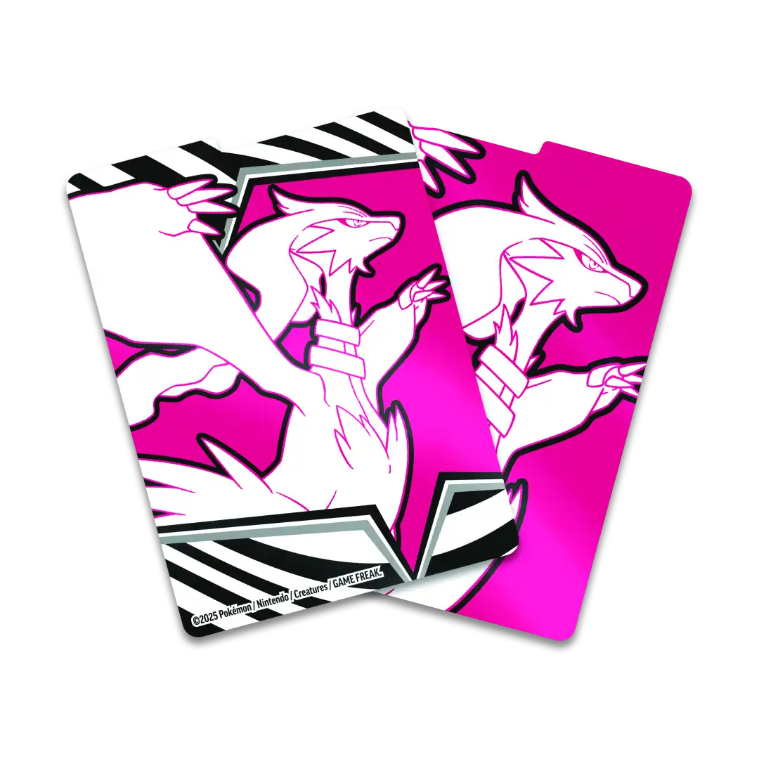 Divisori interni rosa e neri con illustrazione Reshiram dal Set Allenatore Fuoriclasse Pokémon Fuoco Bianco.