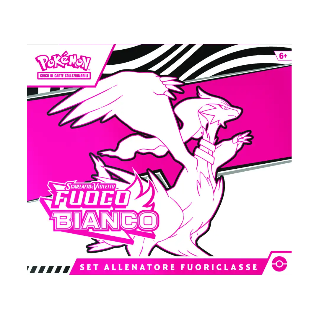 Copertina Set Allenatore Fuoriclasse Pokémon Fuoco Bianco con illustrazione Reshiram su sfondo rosa e righe bianche-nere.