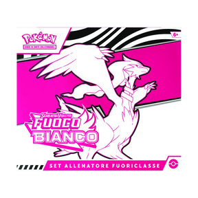 Copertina Set Allenatore Fuoriclasse Pokémon Fuoco Bianco con illustrazione Reshiram su sfondo rosa e righe bianche-nere.