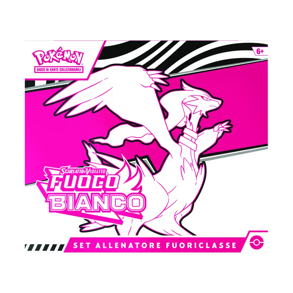 Copertina Set Allenatore Fuoriclasse Pokémon Fuoco Bianco con illustrazione Reshiram su sfondo rosa e righe bianche-nere.