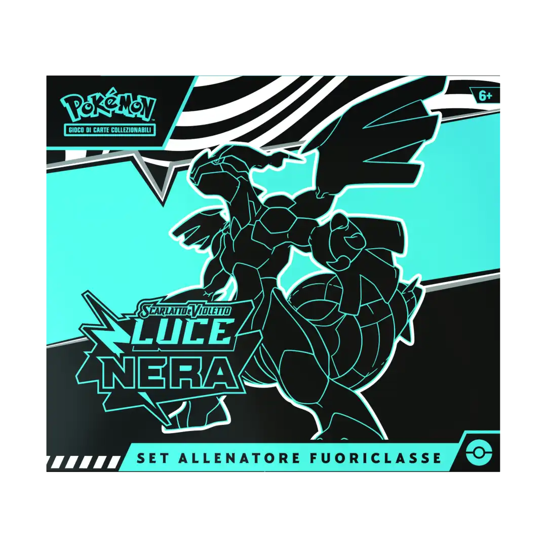Copertina Set Allenatore Fuoriclasse Pokémon Luce Nera con illustrazione Zekrom su sfondo azzurro e righe bianche-nere.