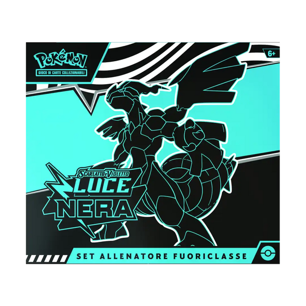 Copertina Set Allenatore Fuoriclasse Pokémon Luce Nera con illustrazione Zekrom su sfondo azzurro e righe bianche-nere.
