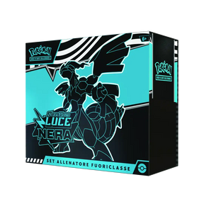 Scatola Set Allenatore Fuoriclasse Pokémon Luce Nera vista angolata, design azzurro e nero con Zekrom.