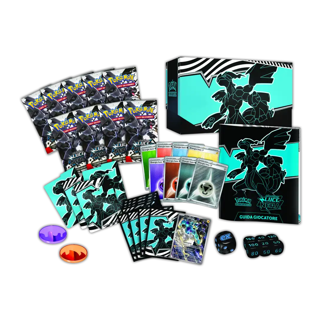 Contenuto Set Allenatore Fuoriclasse Pokémon Luce Nera con bustine, dadi, segnalini e accessori.