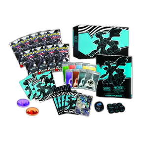 Contenuto Set Allenatore Fuoriclasse Pokémon Luce Nera con bustine, dadi, segnalini e accessori.