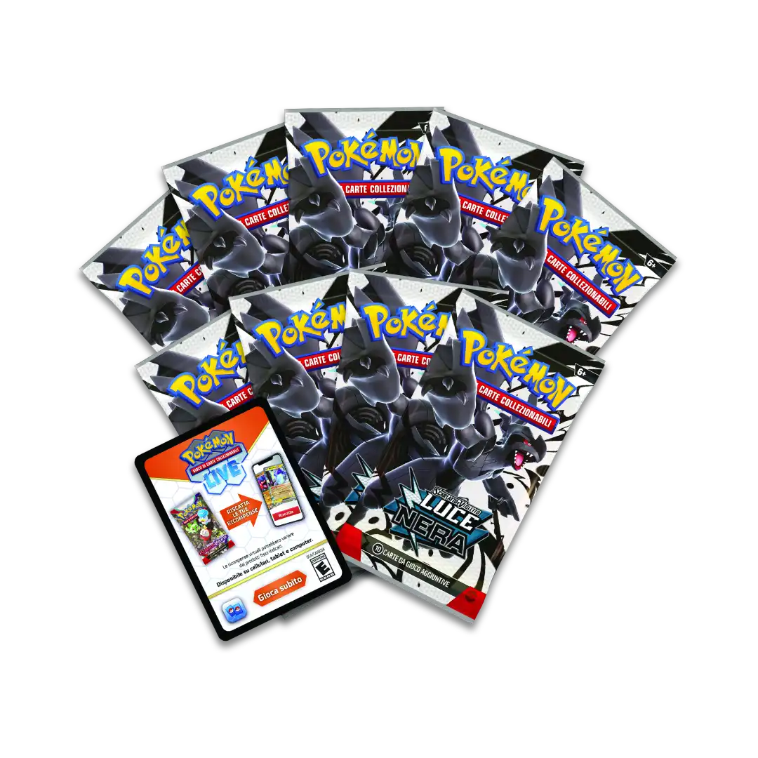 Bustine di carte Pokémon, carte promozionali e accessori dal Set Allenatore Fuoriclasse Luce Nera
