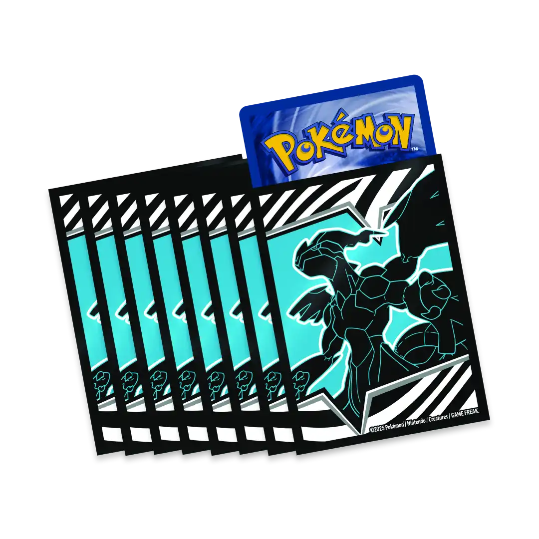 Bustine protettive nere e azzurre con illustrazione Zekrom dal Set Allenatore Fuoriclasse Pokémon Luce Nera.