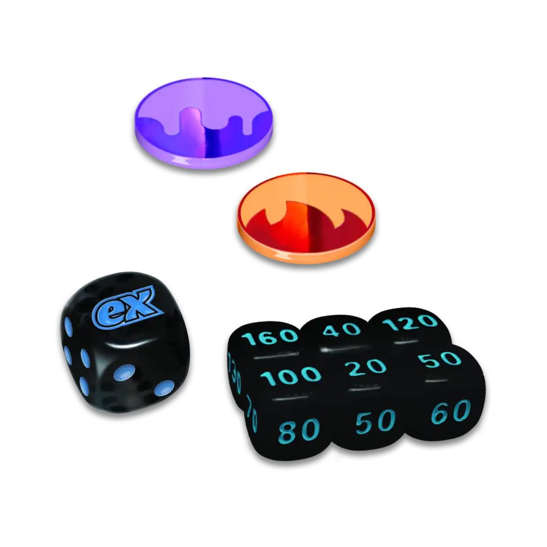 Dadi neri, segnalini danno e marcatori di stato inclusi nel Set Allenatore Fuoriclasse Pokémon Luce Nera.