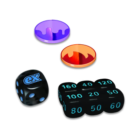 Dadi neri, segnalini danno e marcatori di stato inclusi nel Set Allenatore Fuoriclasse Pokémon Luce Nera.