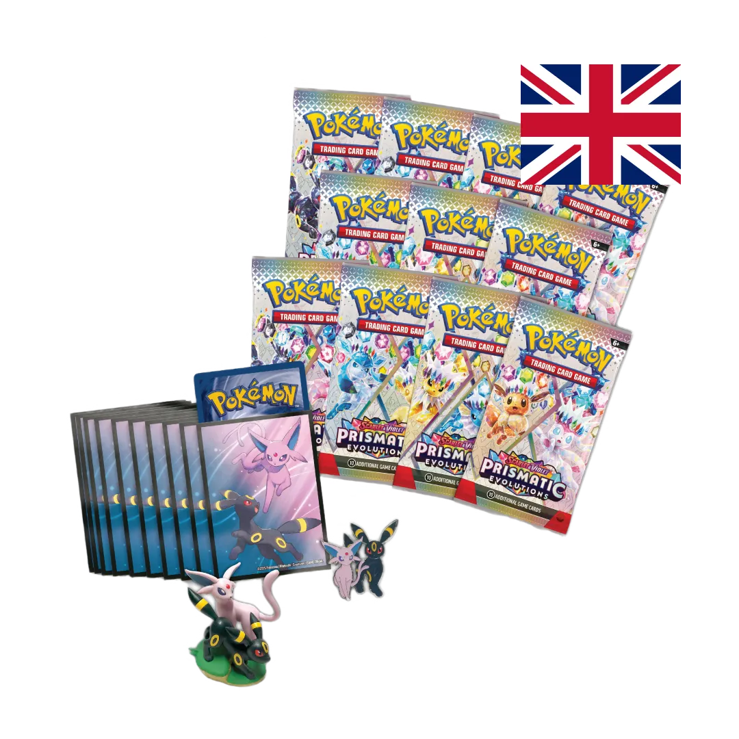 Pokemon TCG Prismatic Evolutions Premium Figure Collection contenuto completo con 11 booster pack bustine Espeon Umbreon e figure display