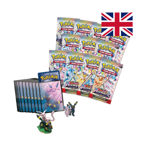 Pokemon TCG Prismatic Evolutions Premium Figure Collection contenuto completo con 11 booster pack bustine Espeon Umbreon e figure display