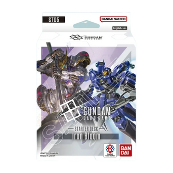 Confezione ufficiale dello Starter Deck ST05 Iron Bloom del Gundam Card Game featuring Mobile Suit iconici dalla serie Mobile Suit Gundam: Iron-Blooded Orphans. L'artwork mostra il Gundam Barbatos in primo piano con tonalità viola distintive e il Gusion sullo sfondo, rappresentando il primo colore Viola introdotto nel TCG. Prodotto Bandai Namco in versione inglese con logo ufficiale e certificazione Made in Japan.