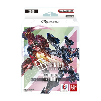 Confezione ufficiale dello Starter Deck ST06 Clan Unity del Gundam Card Game featuring Mobile Suit dalla nuova serie Mobile Suit Gundam GQuuuuuuX. L'artwork dinamico presenta il GQuuuuuuX rosso in combattimento contro Mobile Suit blu con effetti energetici verdi e rosa, riflettendo la strategia Verde & Rossa del mazzo. Prodotto Bandai Namco in versione inglese con branding ufficiale studio Khara x Sunrise.
