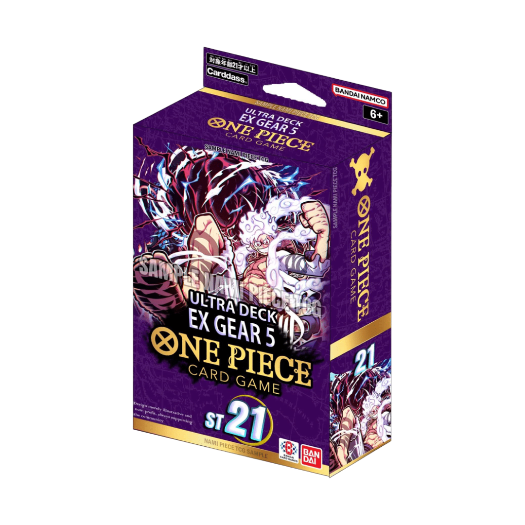 Confezione dello Starter Deck ST21 EX Gear 5 del One Piece Card Game, con illustrazione di Luffy in forma Gear 5 e logo del gioco.