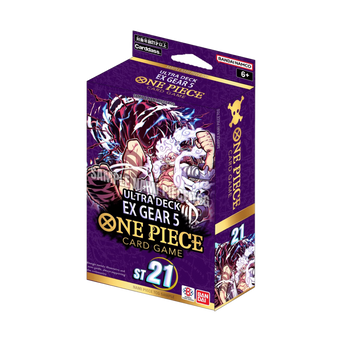 Confezione dello Starter Deck ST21 EX Gear 5 del One Piece Card Game, con illustrazione di Luffy in forma Gear 5 e logo del gioco.