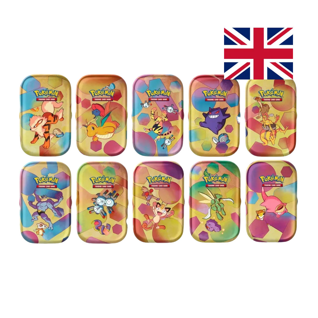 Pokemon 151 Mini Tin collection complete 10 artwork featuring Growlithe Eevee Electabuzz Gengar Alakazam Scyther