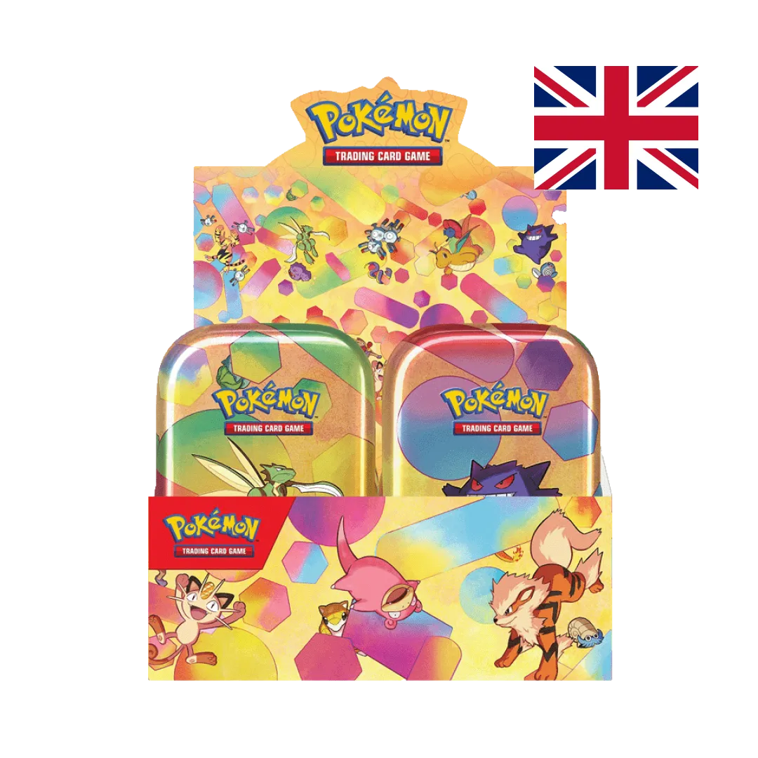 Pokemon TCG Scarlet Violet 151 Mini Tin Display opened showing colorful hexagonal pattern Kanto Pokemon
