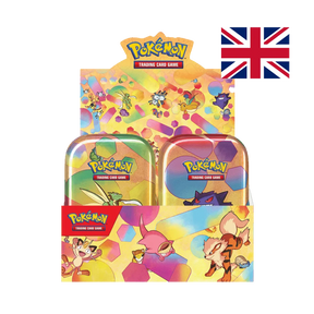 Pokemon TCG Scarlet Violet 151 Mini Tin Display opened showing colorful hexagonal pattern Kanto Pokemon