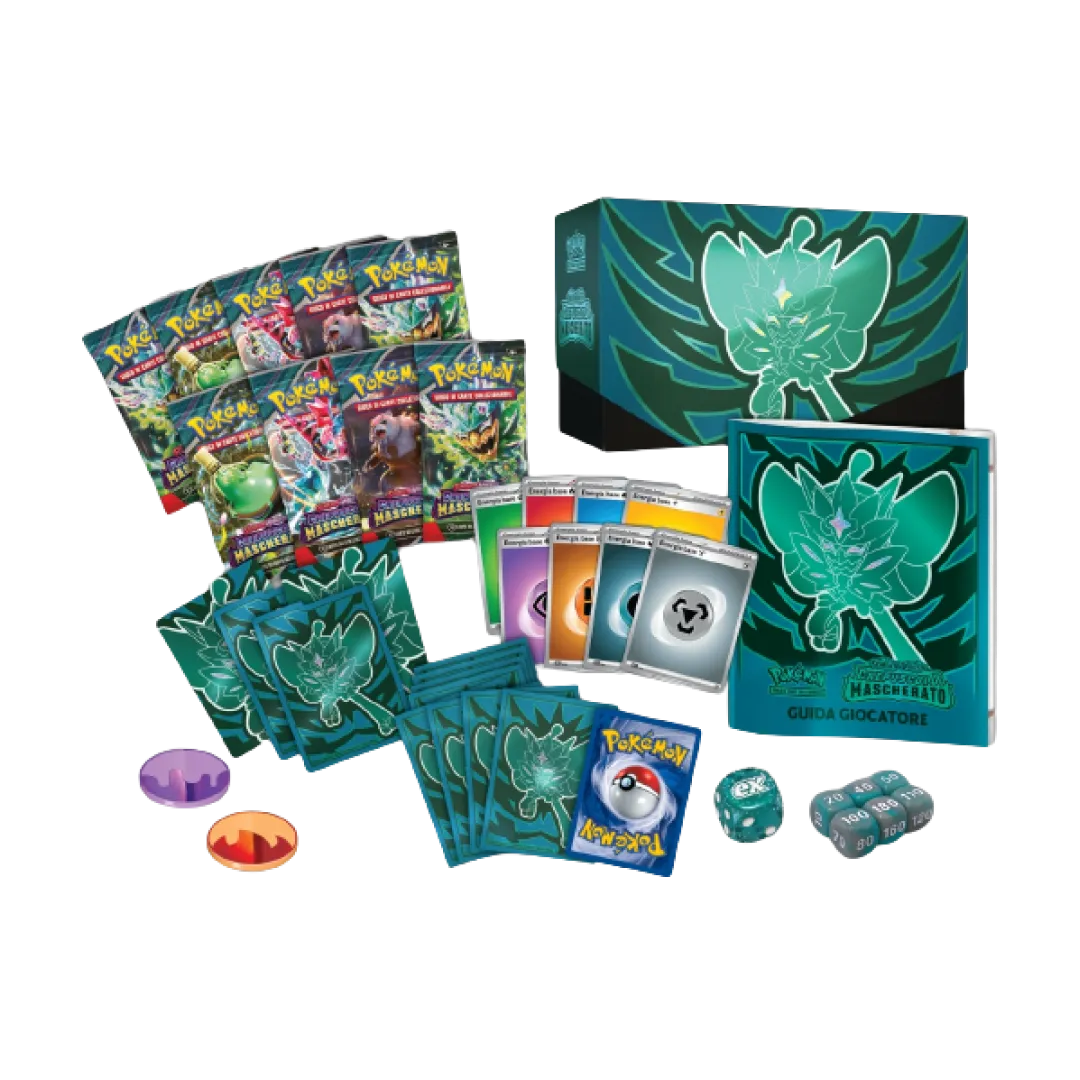 Accessori, bustine protettive, carte collezzionabili  e regolamento Pokémon del set Crepucolo Mascherato Scarlatto e Violetto