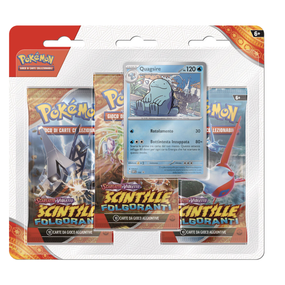 Blister Pokémon Scarlatto e Violetto Scintille Folgoranti 3 Pack con carta promozionale di Quagsire e tre buste booster