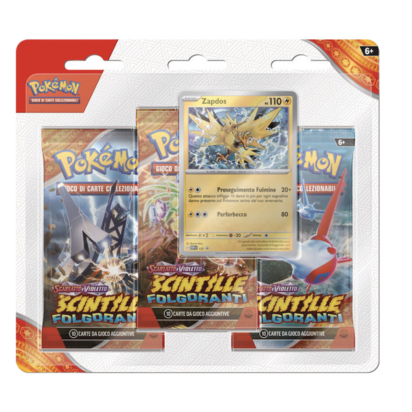 Blister Pokémon Scarlatto e Violetto Scintille Folgoranti 3 Pack con carta promozionale di Zapdos e tre buste booster.
