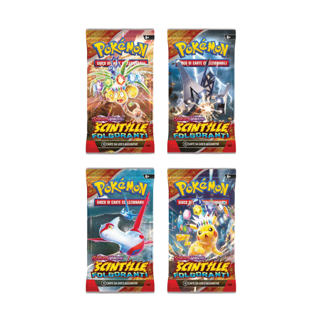 Buste Pokémon Scarlatto e Violetto Scintille Folgoranti con artwork di Pikachu, Latias, Archaludon e Exeggutor di Alola