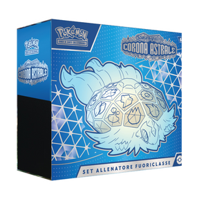 Box del Set Allenatore Fuoriclasse Pokémon Scarlatto e Violetto Corona Astrale con design di Terapagos Teracristal in blu