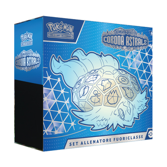 Box del Set Allenatore Fuoriclasse Pokémon Scarlatto e Violetto Corona Astrale con design di Terapagos Teracristal in blu
