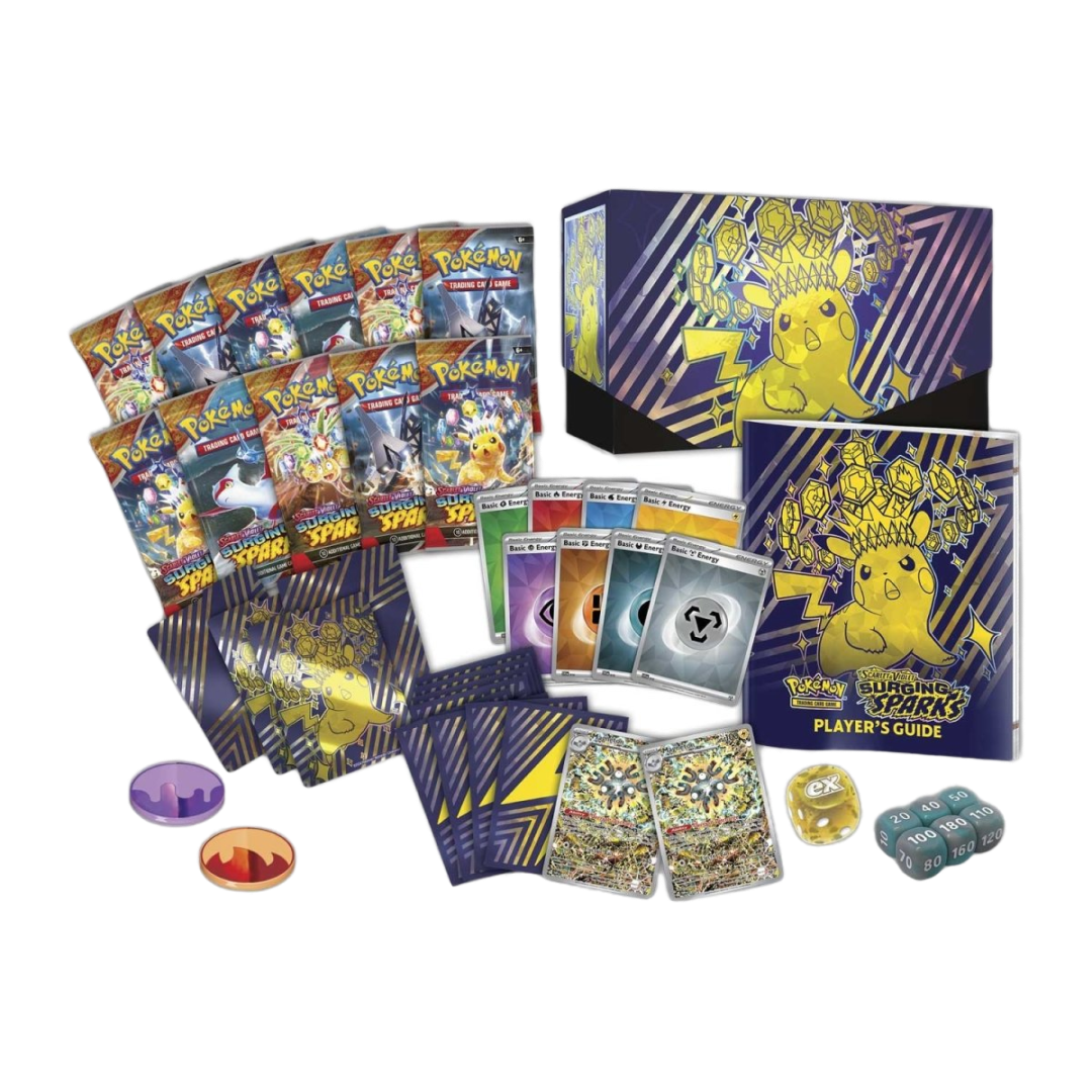 Set Allenatore Fuoriclasse Pokémon Scarlatto e Violetto Scintille Folgoranti con buste booster, carte energia, segnalini e guida del giocatore