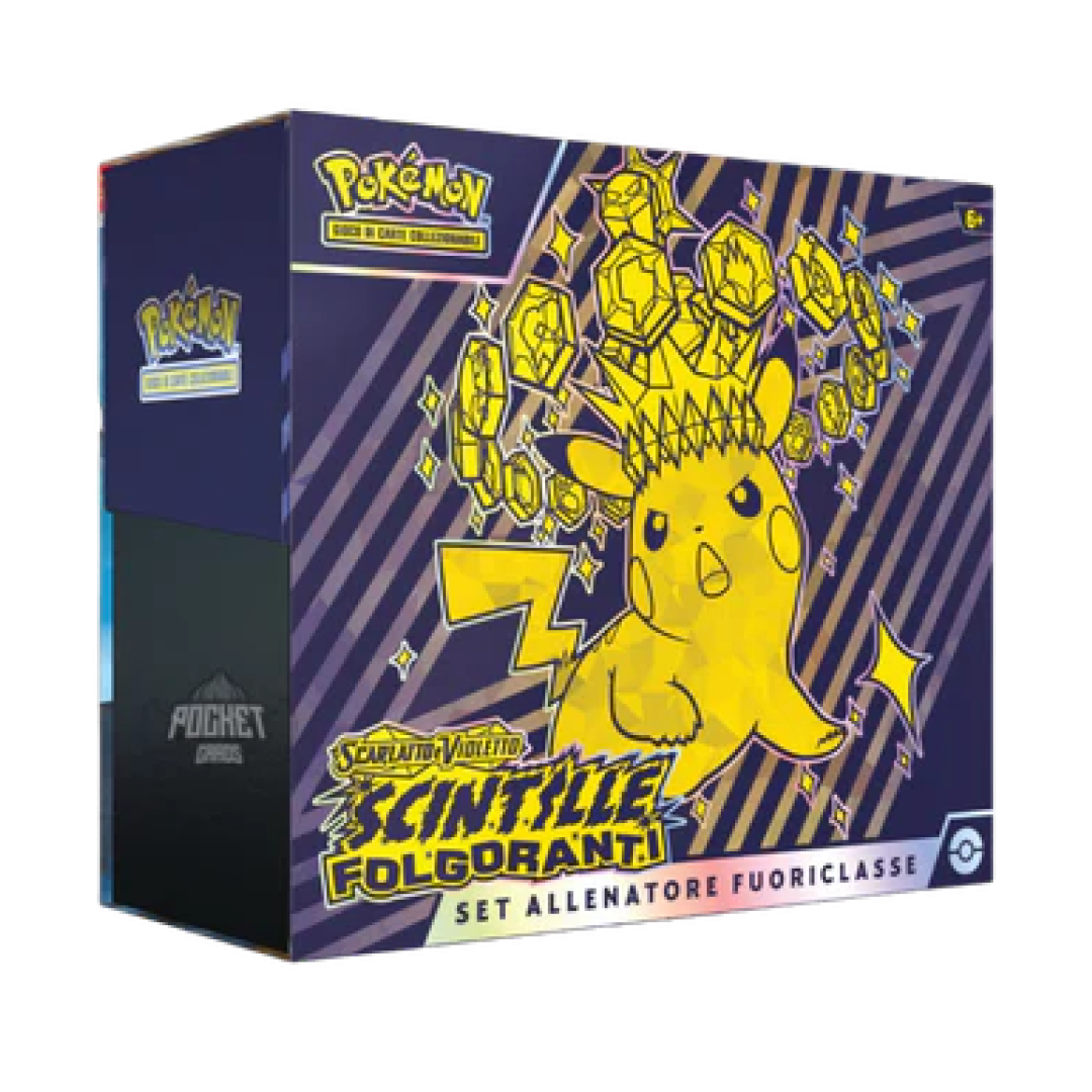 Box del Set Allenatore Fuoriclasse Pokémon Scarlatto e Violetto Scintille Folgoranti con design di Pikachu Teracristal
