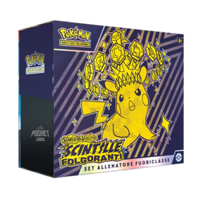 Box del Set Allenatore Fuoriclasse Pokémon Scarlatto e Violetto Scintille Folgoranti con design di Pikachu Teracristal