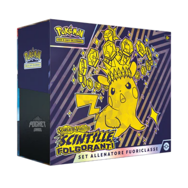 Box del Set Allenatore Fuoriclasse Pokémon Scarlatto e Violetto Scintille Folgoranti con design di Pikachu Teracristal