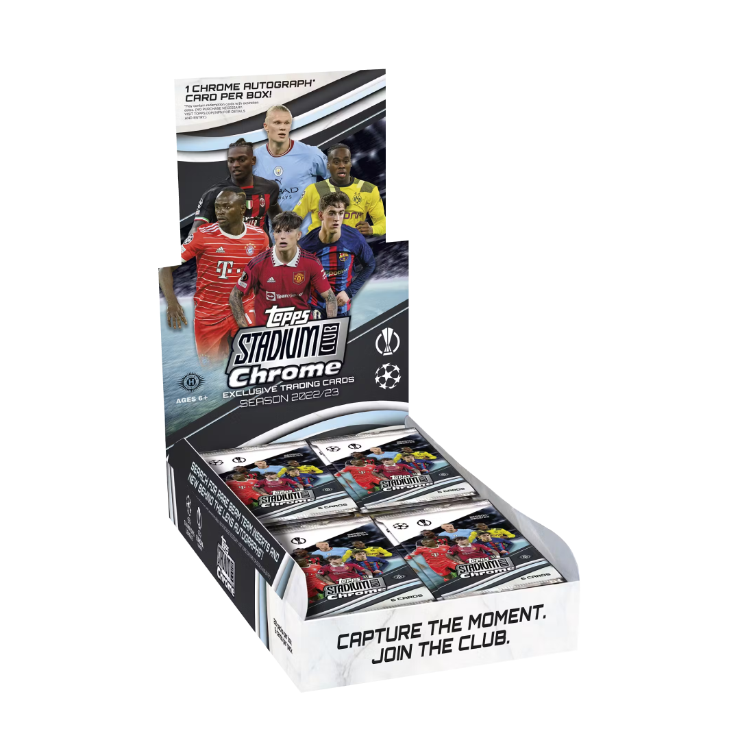 Espositore del Topps Stadium Club Chrome 2022-23 Blaster Box con confezioni di carte collezionabili