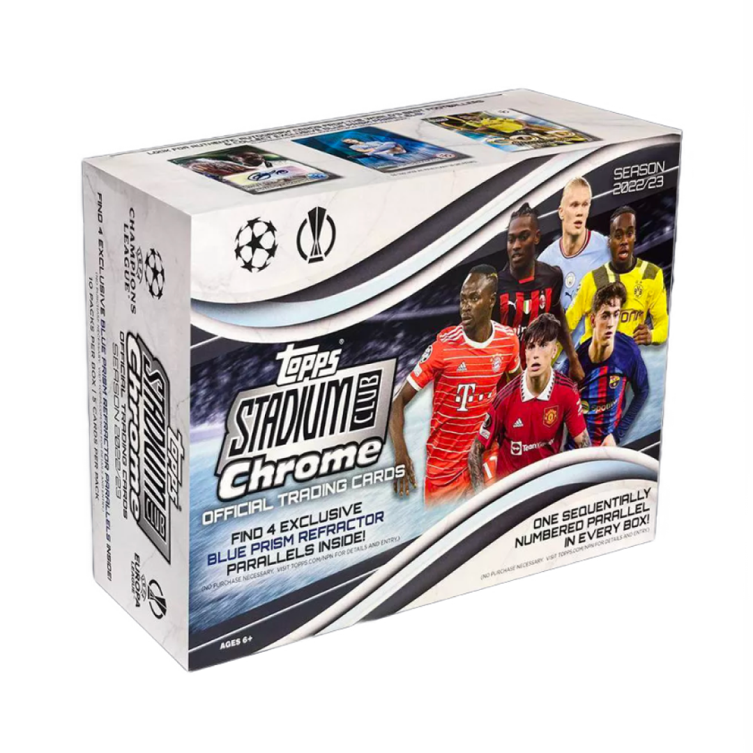 Confezione del Topps Stadium Club Chrome 2022-23 Blaster Box con giocatori di calcio in copertina