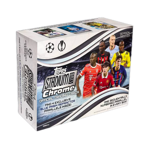 Confezione del Topps Stadium Club Chrome 2022-23 Blaster Box con giocatori di calcio in copertina