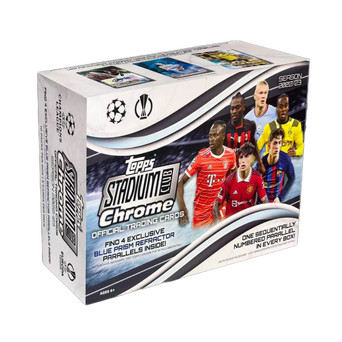 Confezione del Topps Stadium Club Chrome 2022-23 Blaster Box con giocatori di calcio in copertina