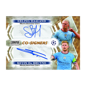 Carta autografata Topps Stadium Club Chrome Co-Signers 2022-23 con Erling Haaland e Kevin De Bruyne del Manchester City.