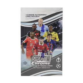 Pacchetto del Topps Stadium Club Chrome 2022-23 Blaster Box con immagini di giocatori di calcio