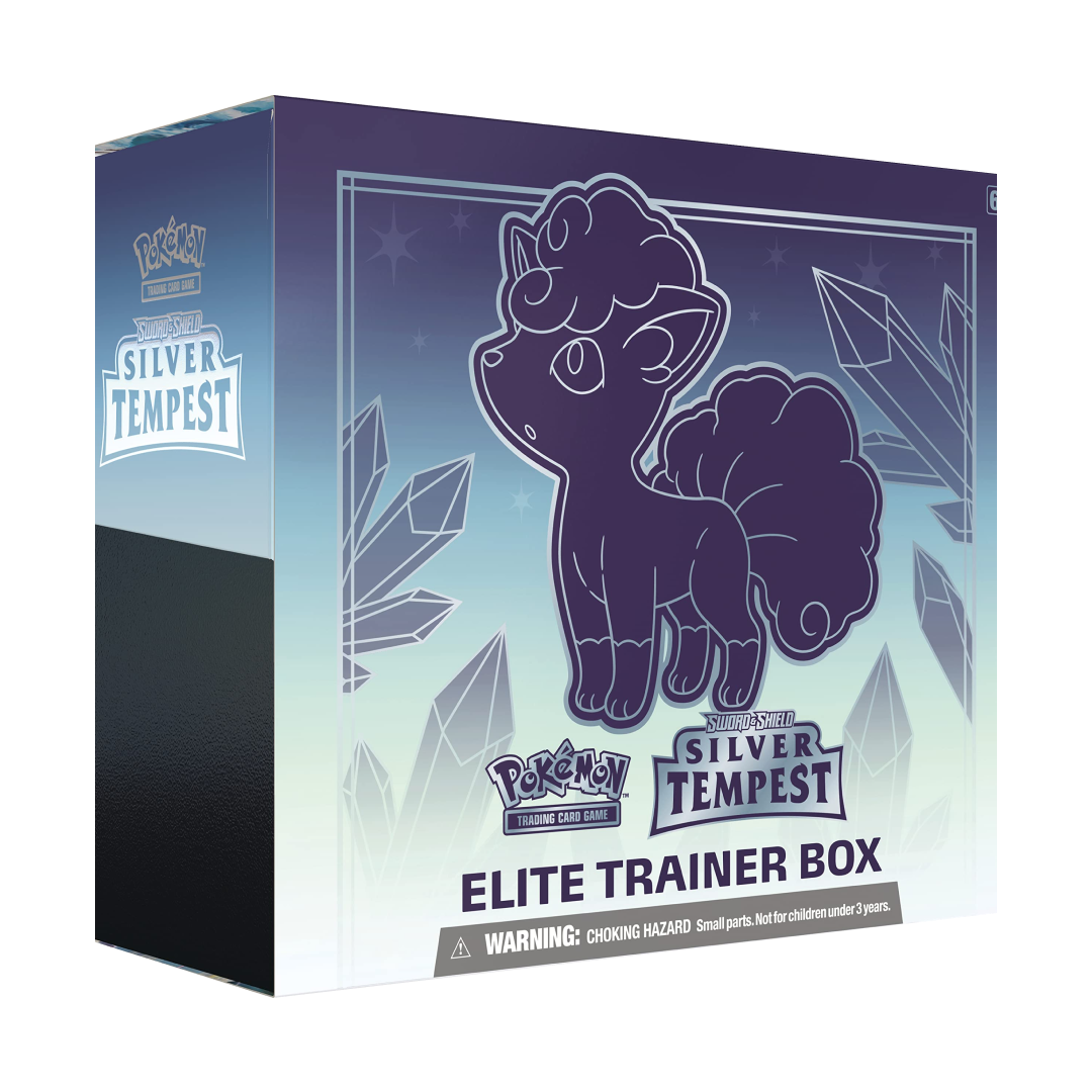 Pokémon Silver Tempest Elite Trainer Box con design di Alolan Vulpix su sfondo ghiacciato blu e cristalli