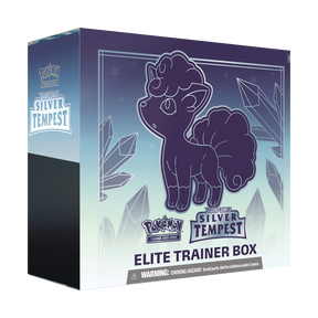 Pokémon Silver Tempest Elite Trainer Box con design di Alolan Vulpix su sfondo ghiacciato blu e cristalli