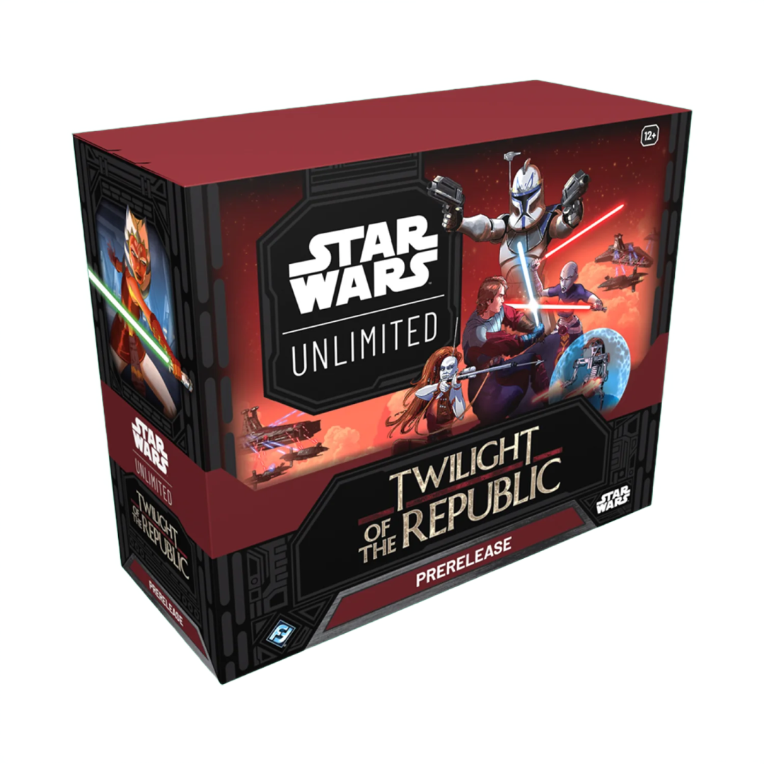 Twilight of the Republic Prerelease Box di Star Wars Unlimited TCG, con segnalini, regole rapide con Yoda, e carte che raffigurano iconici personaggi di Star Wars