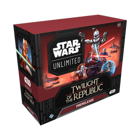 Twilight of the Republic Prerelease Box di Star Wars Unlimited TCG, con segnalini, regole rapide con Yoda, e carte che raffigurano iconici personaggi di Star Wars