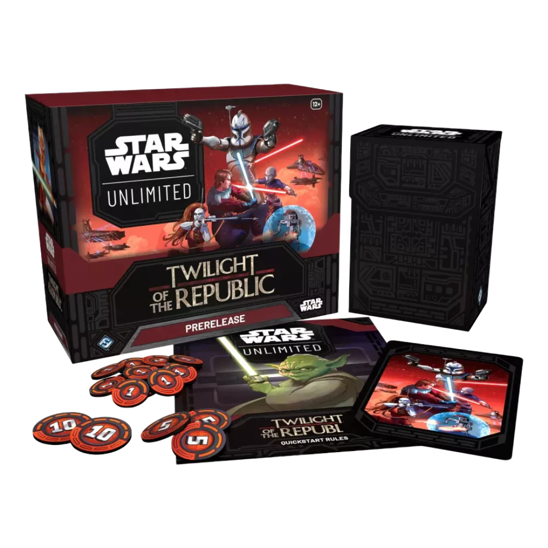 Confezione chiusa di Twilight of the Republic Prerelease Box di Star Wars Unlimited TCG, con illustrazioni di personaggi e scene di battaglia della saga di Star Wars