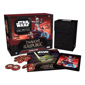 Confezione chiusa di Twilight of the Republic Prerelease Box di Star Wars Unlimited TCG, con illustrazioni di personaggi e scene di battaglia della saga di Star Wars