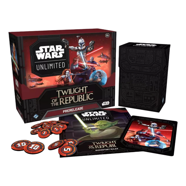 Confezione chiusa di Twilight of the Republic Prerelease Box di Star Wars Unlimited TCG, con illustrazioni di personaggi e scene di battaglia della saga di Star Wars