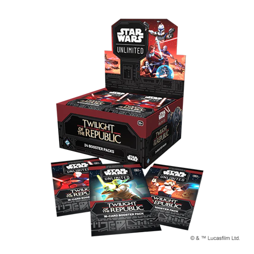 Scatola aperta di Twilight of the Republic Star Wars Unlimited TCG con 24 pacchetti booster, con tre pacchetti booster singoli posizionati davanti e raffiguranti vari personaggi di Star Wars