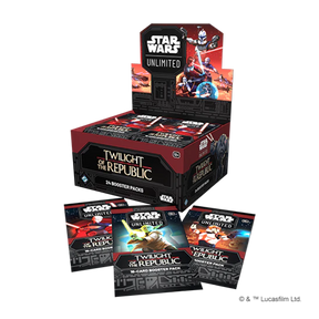 Scatola aperta di Twilight of the Republic Star Wars Unlimited TCG con 24 pacchetti booster, con tre pacchetti booster singoli posizionati davanti e raffiguranti vari personaggi di Star Wars