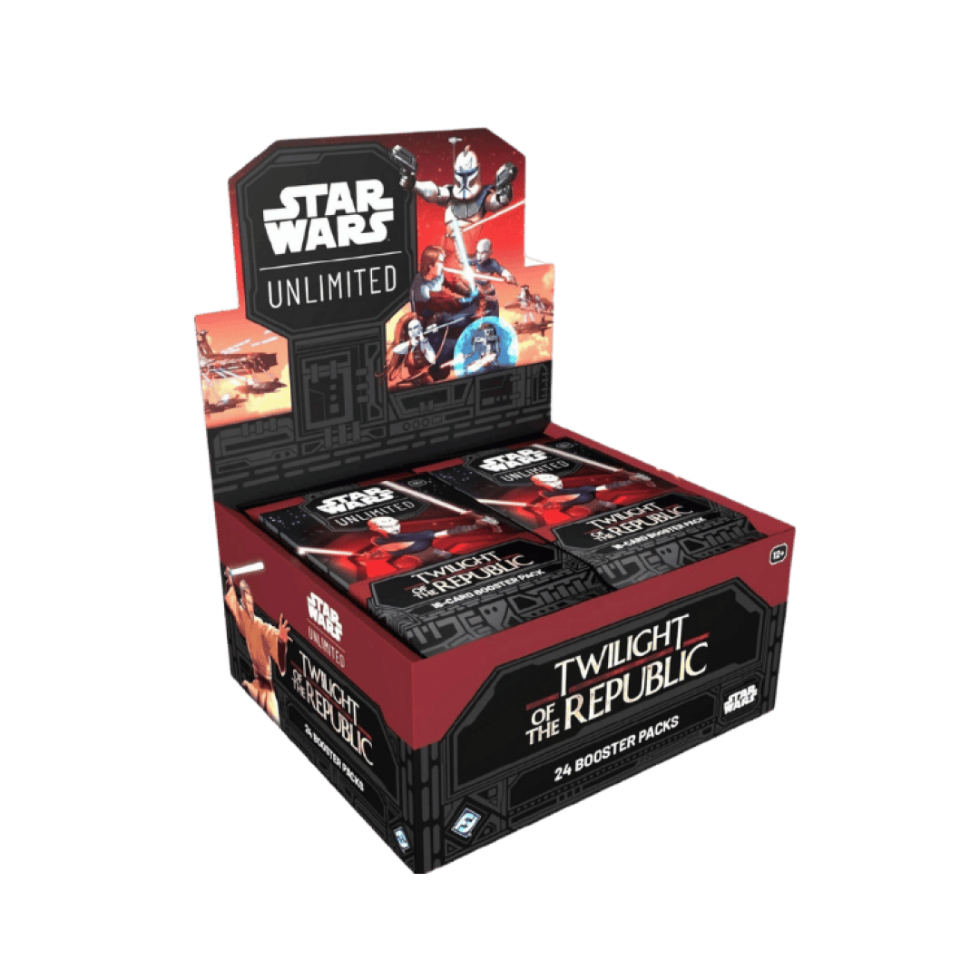 Scatola di Twilight of the Republic Star Wars Unlimited TCG con 24 pacchetti booster esposti, raffigurante illustrazioni di clone trooper e personaggi iconici di Star Wars